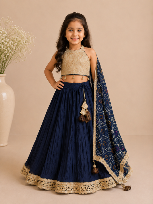 Dark blue crushed lehenga set