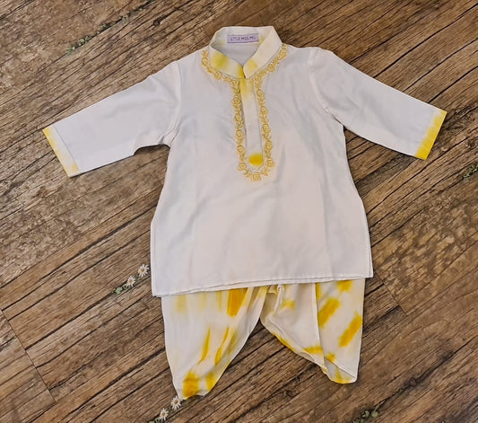 White kurta and yellow batik dhoti set