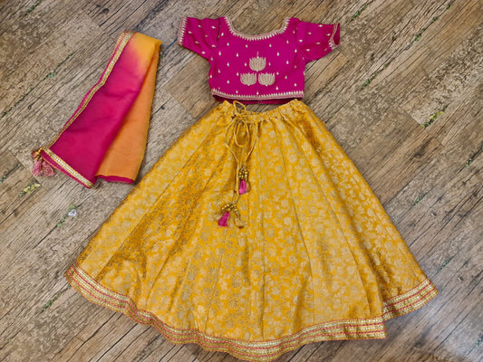 Hot pink and mango brocade lehenga set
