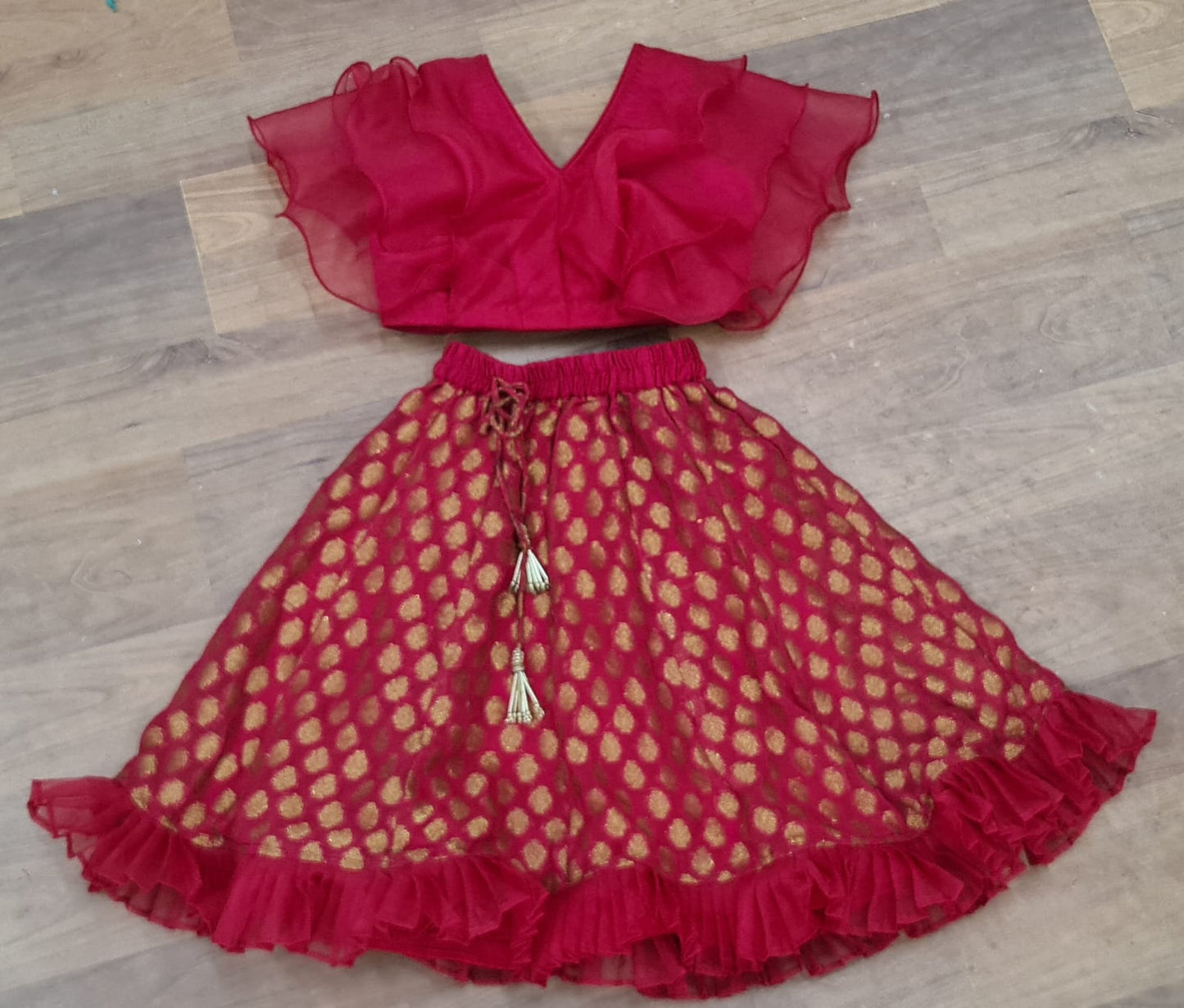 Bright red benarasi ruffled lehenga set