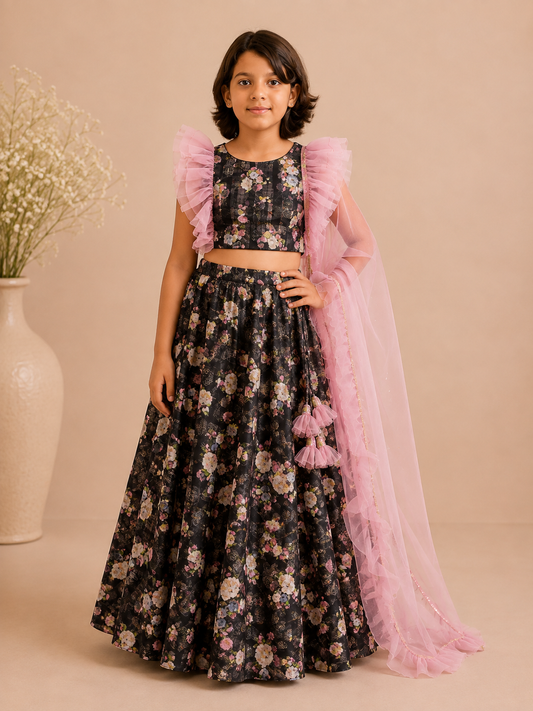 Lovely black floral crop top and lehenga skirt shirt
