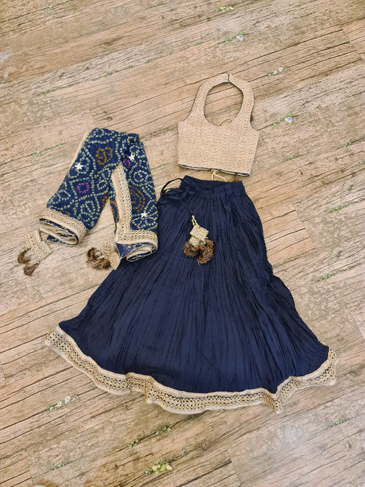 Dark blue crushed lehenga set