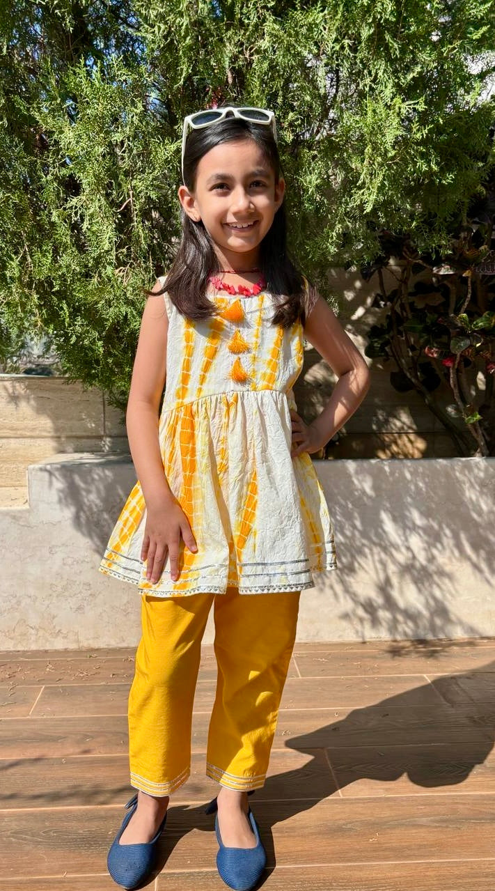 Summery yellow batik pleated tunic & pants set