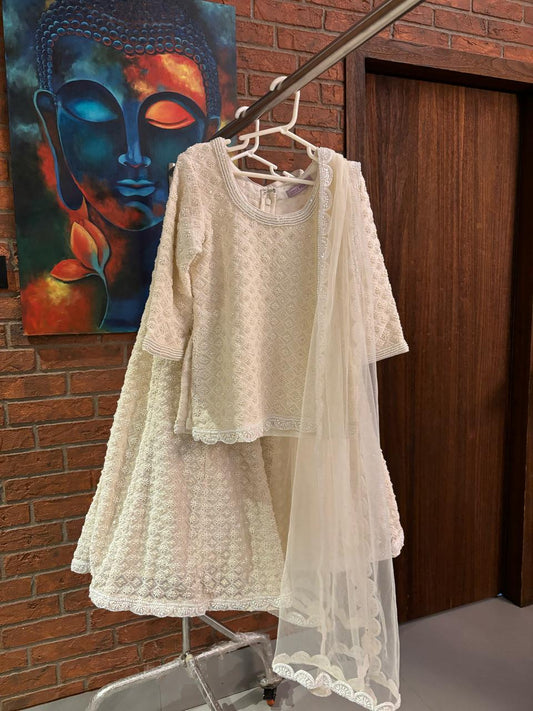Off White chikankari short kurti and lehenga set