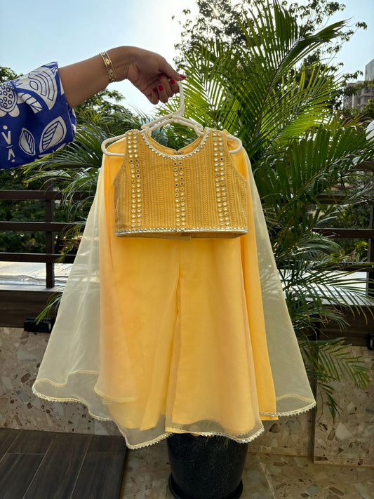 Yellow mirror work crop top and palazzo set
