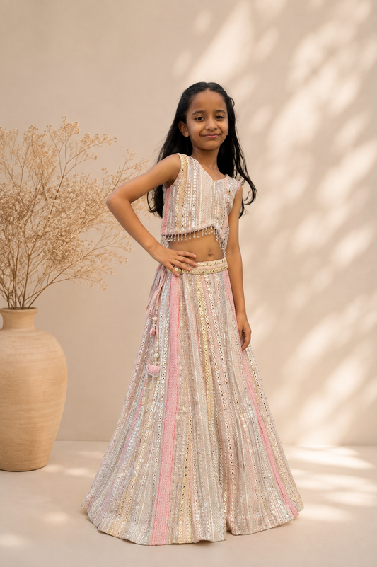 Multi coloured mirror work lehenga set with dupatta