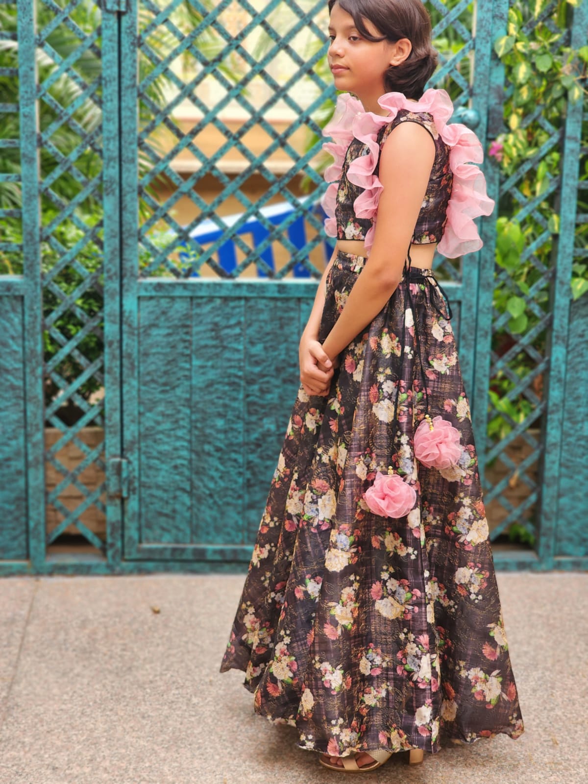 Lovely black floral crop top and lehenga skirt shirt