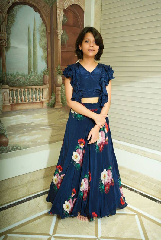 Dazzling midnight blue floral lehenga with ruffled crop top