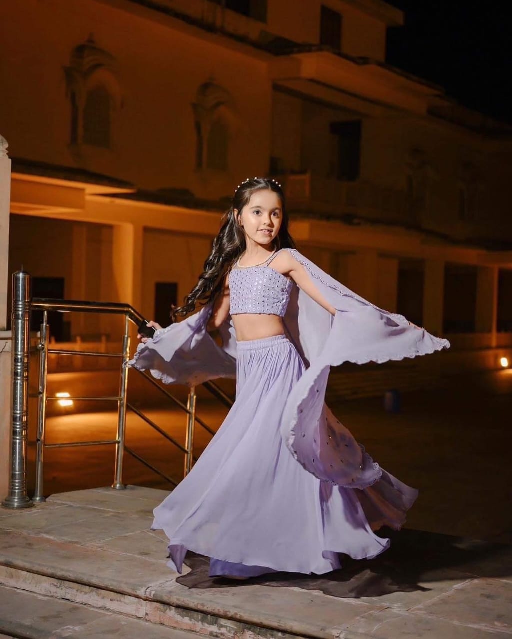 Charming lilac lehenga, with mirror work blouse & cape set