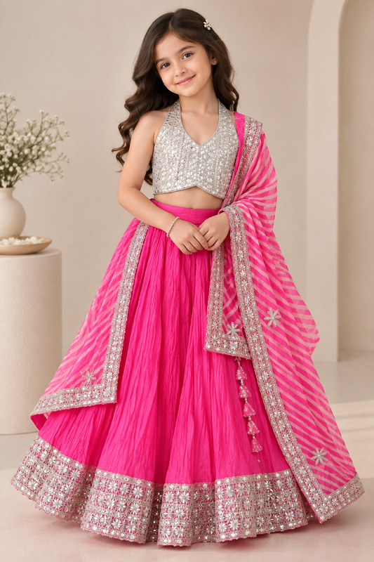 Hot pink crushed silk lehenga set with gota halter blouse & leheriya dupatta