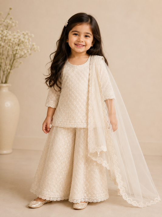 Off White chikankari short kurti and lehenga set