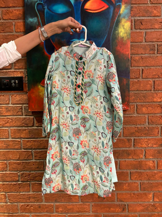 Muslin aqua blue printed kurta set