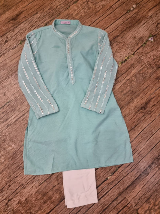 Elegant pretty green kurta with mirror work on geogette sleeves and white pants set