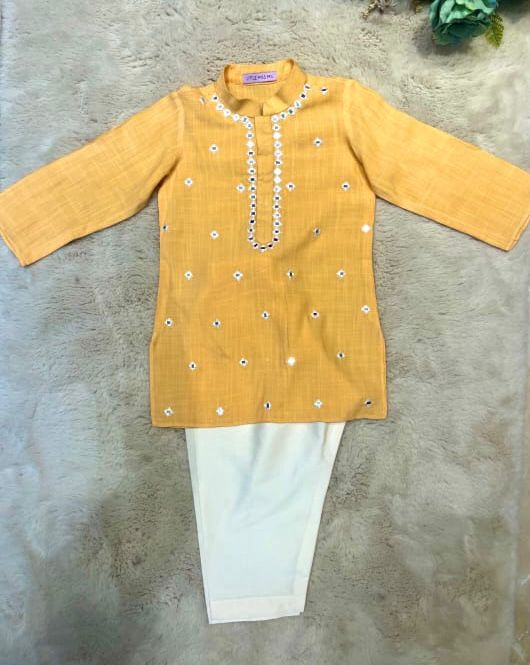 Sunny yellow mirror work kurta set