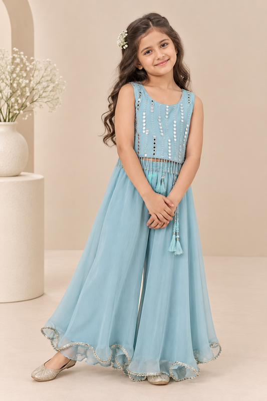 Greyish blue mirror work palazzo set