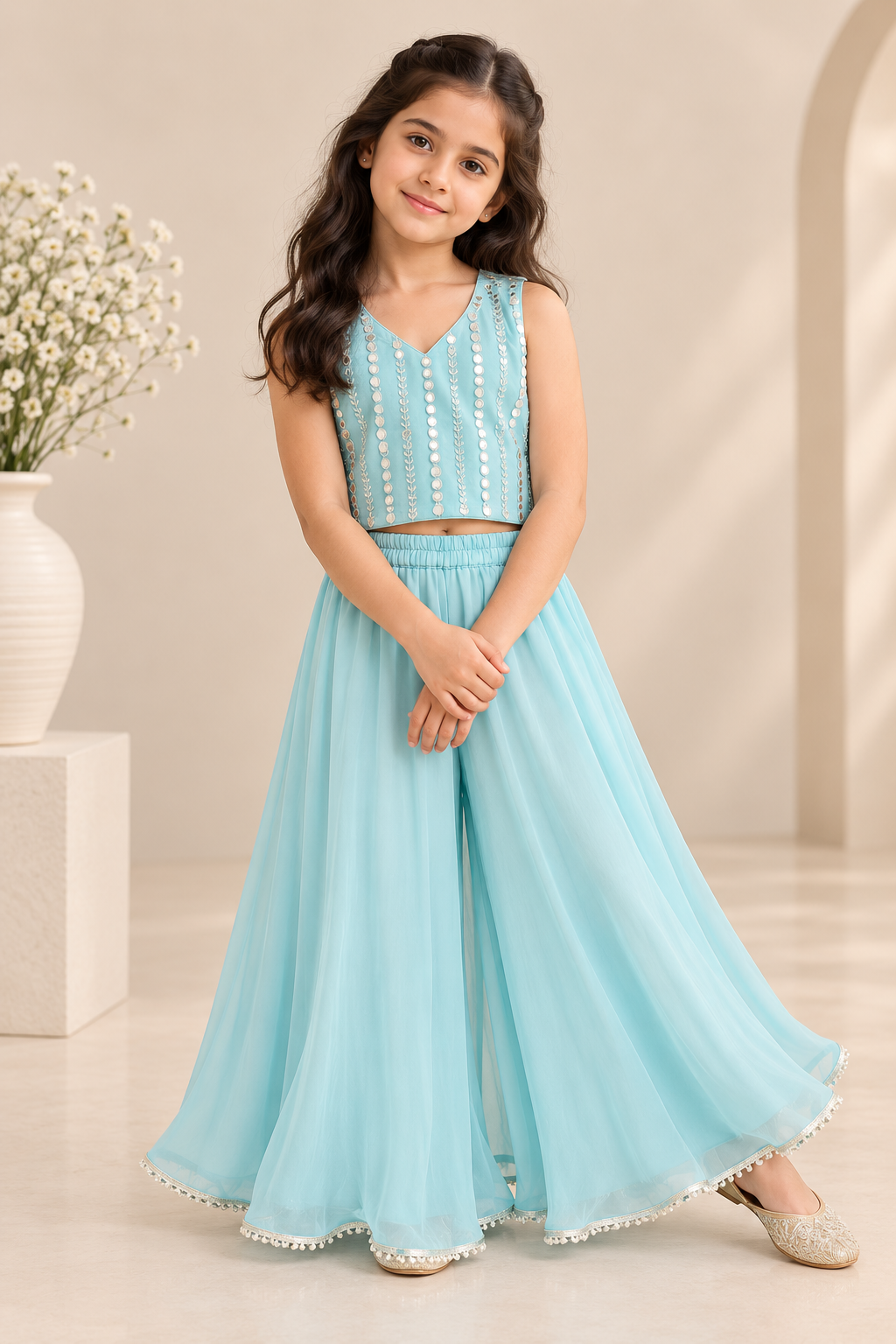 Sky blue mirror work palazzo set