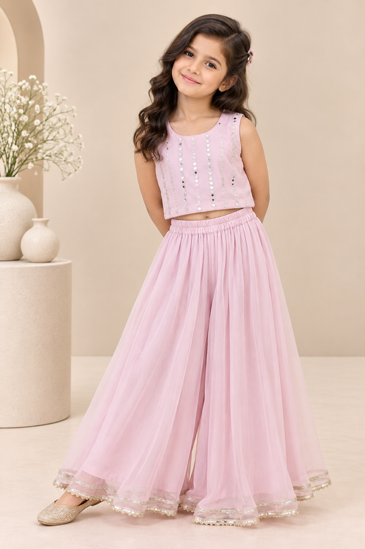 Baby pink mirror work palazzo set