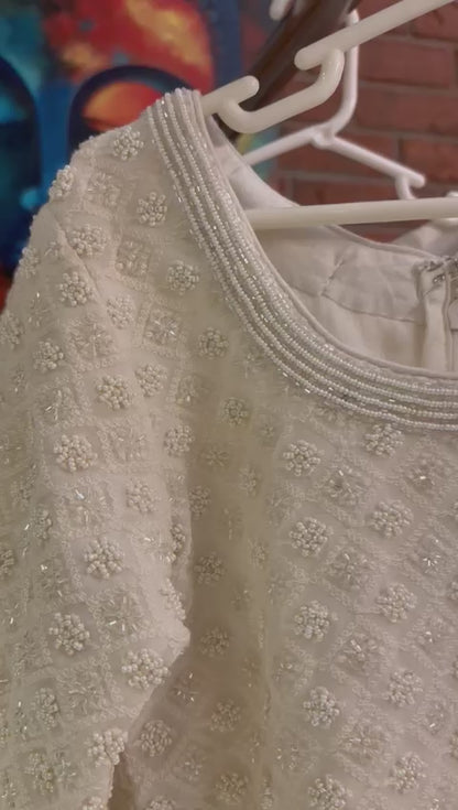 Off White chikankari short kurti and lehenga set