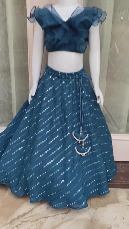 Persian blue ruffled blouse and mirror work lehenga set